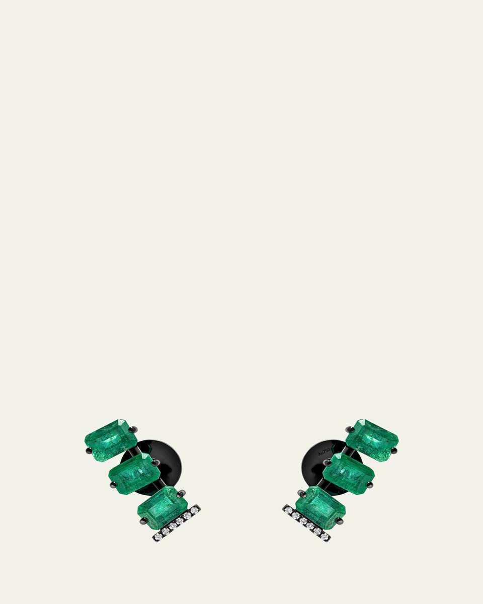 Linette Scala 18K Black Gold Emerald Stud Earrings with Diamonds